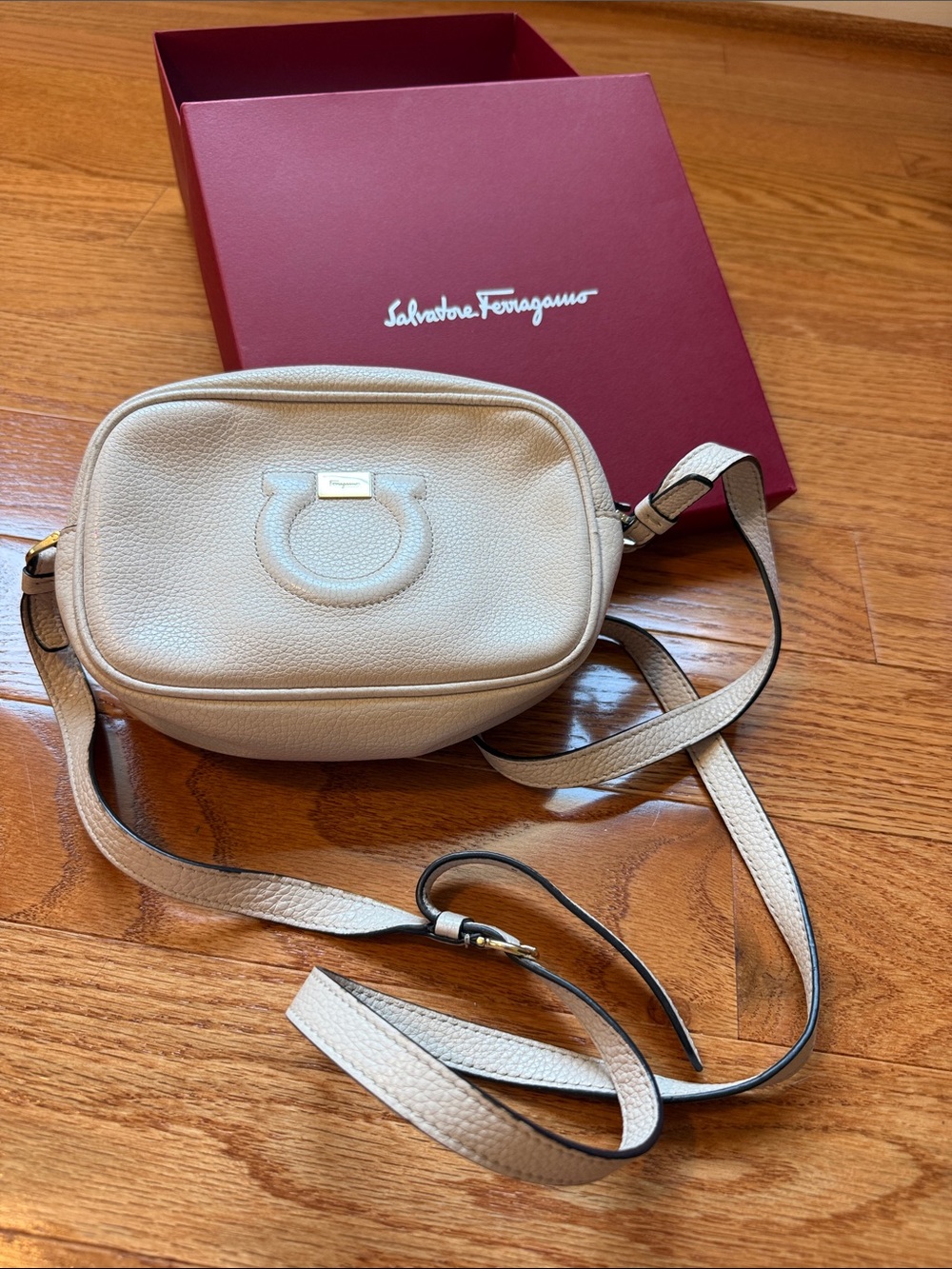 Salvatore Ferragamo Pebbled Leather Crossbody in Beige